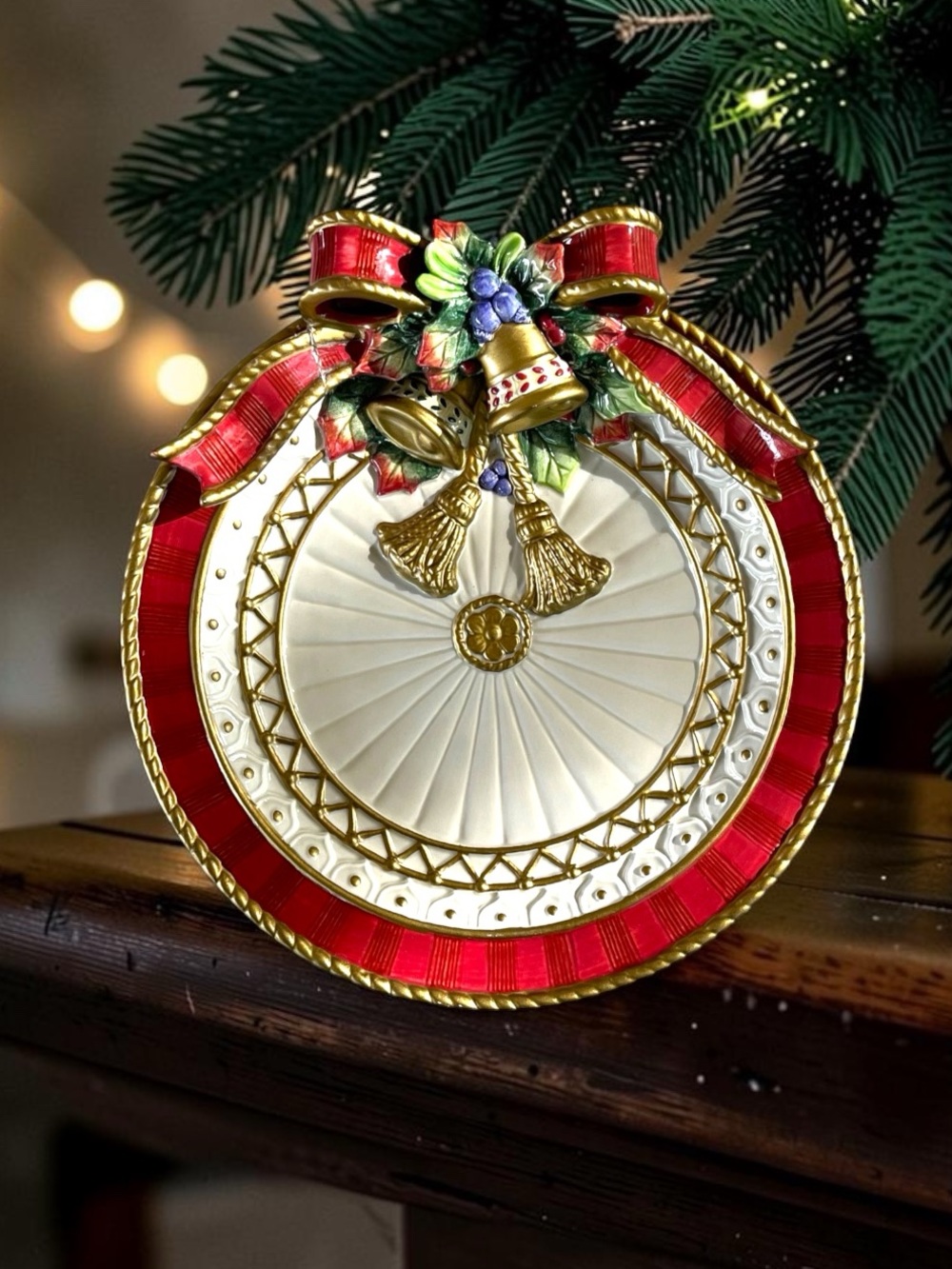 Christmas 9" Canapé Plate, Fitz and Floyd, with Embellished Bells and Ribbon